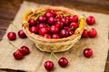 Red cherries in basket, ÃÂherry basket, red ÃÂherries on wooden